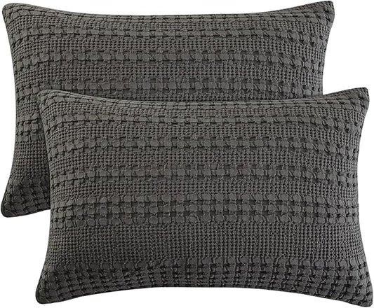 PHF 100% Cotton Waffle Pillow Shams Queen Size, 2 Pack 20" x 30" Soft Skin-Friendly Pillowcases, No Filling, Aesthetic Woven and Breathable Waffle Weave Pillow Case Covers for Bed, Charcoal Grey