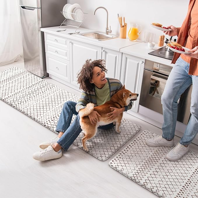 KIMODE Anti Fatigue Kitchen Mats 2PCS 17"x59"+17"x29", Cushioned Boho Kitchen Runner Rugs,Non Slip Waterproof Kitchen Mats for Floor,Comfort Standing Desk Mat for Home,Sink,Laundry,Brown and White