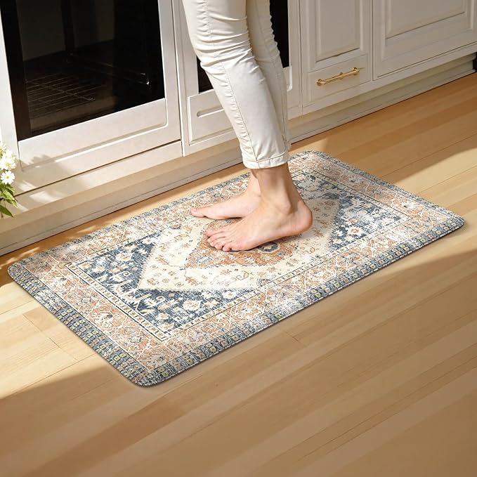 KIMODE Anti Fatigue Kitchen Mats for Floor,17.3" x 29" Cushioned Boho Vintage Kitchen Rugs,Non-Slip Waterproof Kitchen Sink Standing Mat Wipe Clean for Kitchen,Laundry Floor,Mutil-Blue