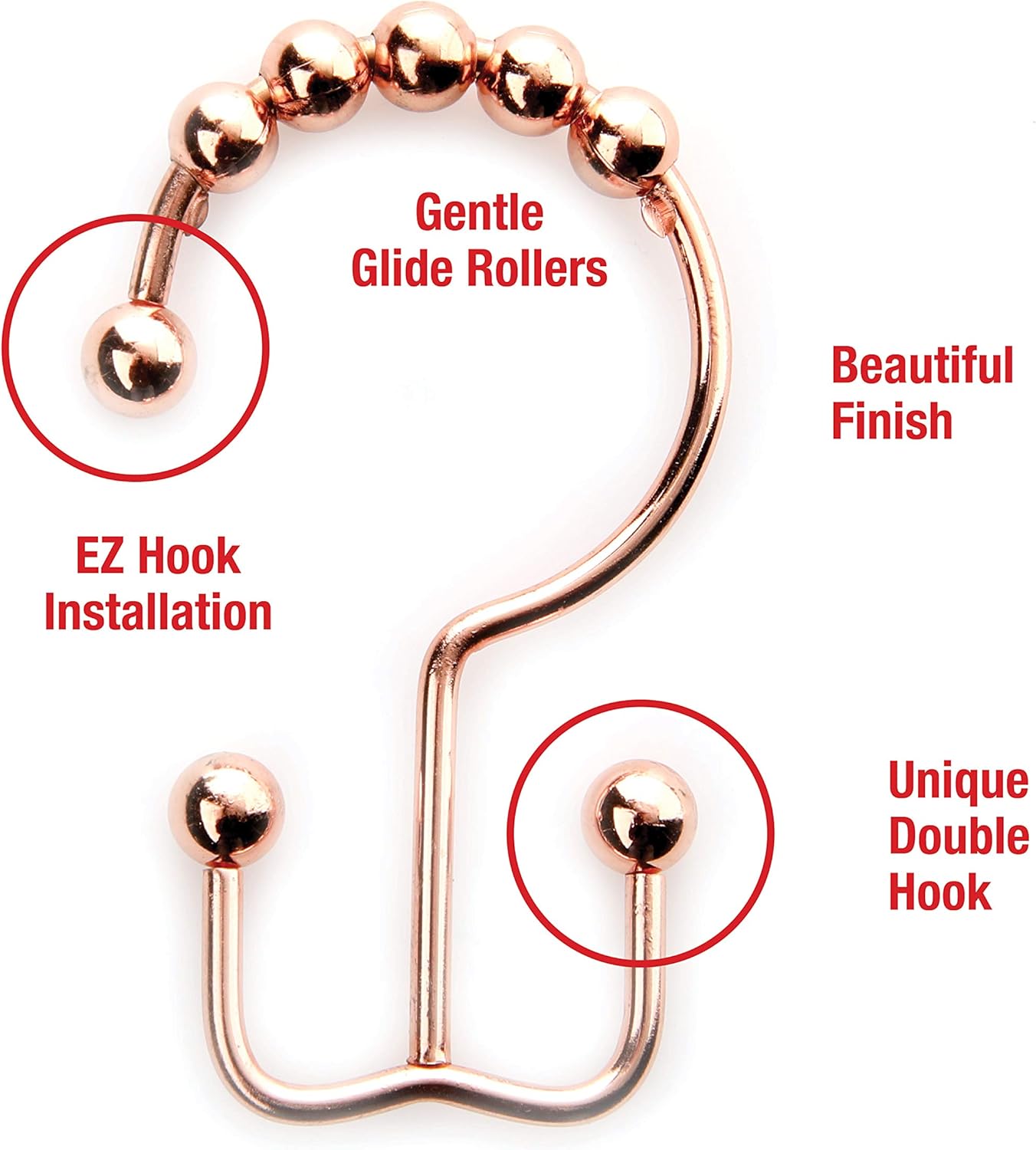 2lbDepot Copper Shower Curtain Hooks Rings, Premium Rust-Resistant Stainless Steel Metal, Double Dual Sided Hooks, Glides Effortlessly on Bathroom Shower Rods, Set of 12 Decorative Copper Hooks