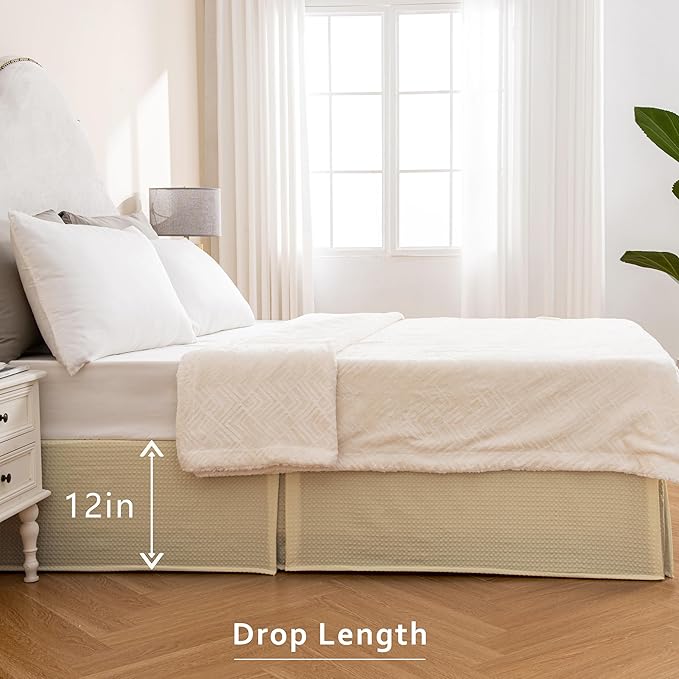 MIYE Pleated Waffle Weave Bed Skirt, Tailored Dust Ruffle 12 Inch Drop Easy Fit, Machine Washable,No Split Corners(Light Beige, Cal King - 12" Drop)