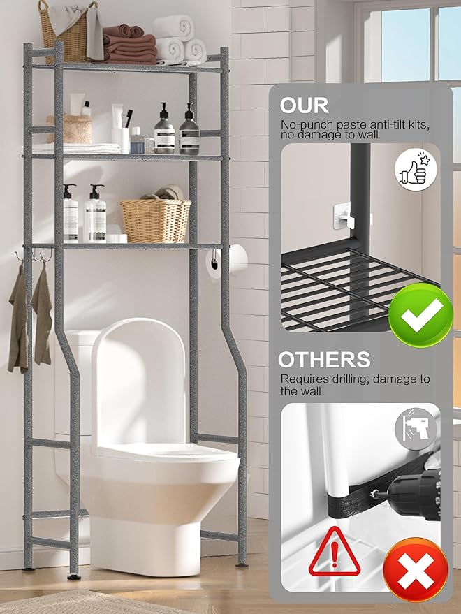 3 Tier Over The Toilet Storage Rack with 2 Basket, Metal Freestanding Bathroom Shelves Toilet with Paper Holder and 4 Hooks, Over Toilet Storage Shelf for Bathroom Storage, Snow Black