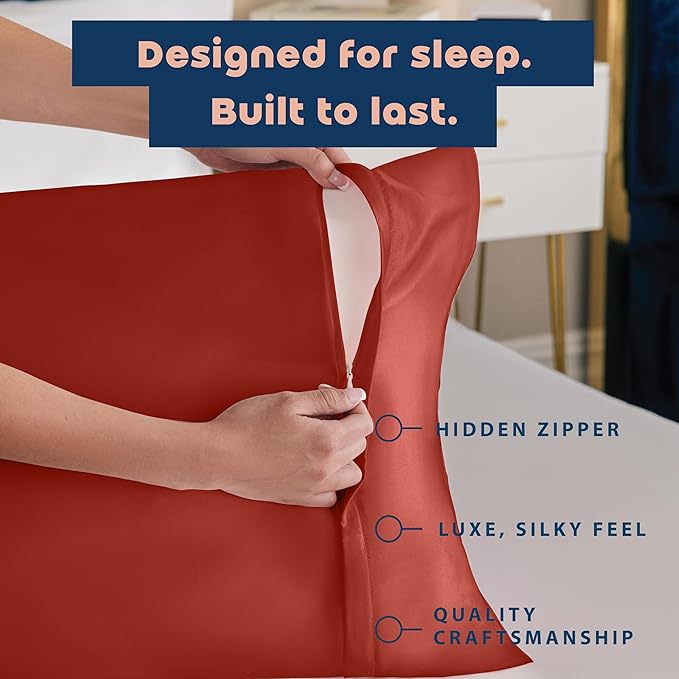 Satin Pillowcase with Zipper, for Hair and Skin Care, Feels Soft and Cool Like a Silk Pillowcase, Satin Pillow Cases 2 Pack, Slik Pillow Cover, Rust - King Size, Set of 2