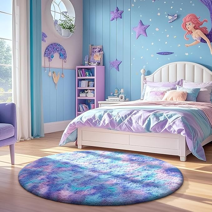 Ophanie Round Rug 4Ft Tie-Dye Rainbow Purple Circle Area Rug, Fluffy Fuzzy Bedroom Carpet, Plush Soft Shaggy Indoor Floor Colorful Living Room Rugs for Kids Home Decor Aesthetic, Nursery