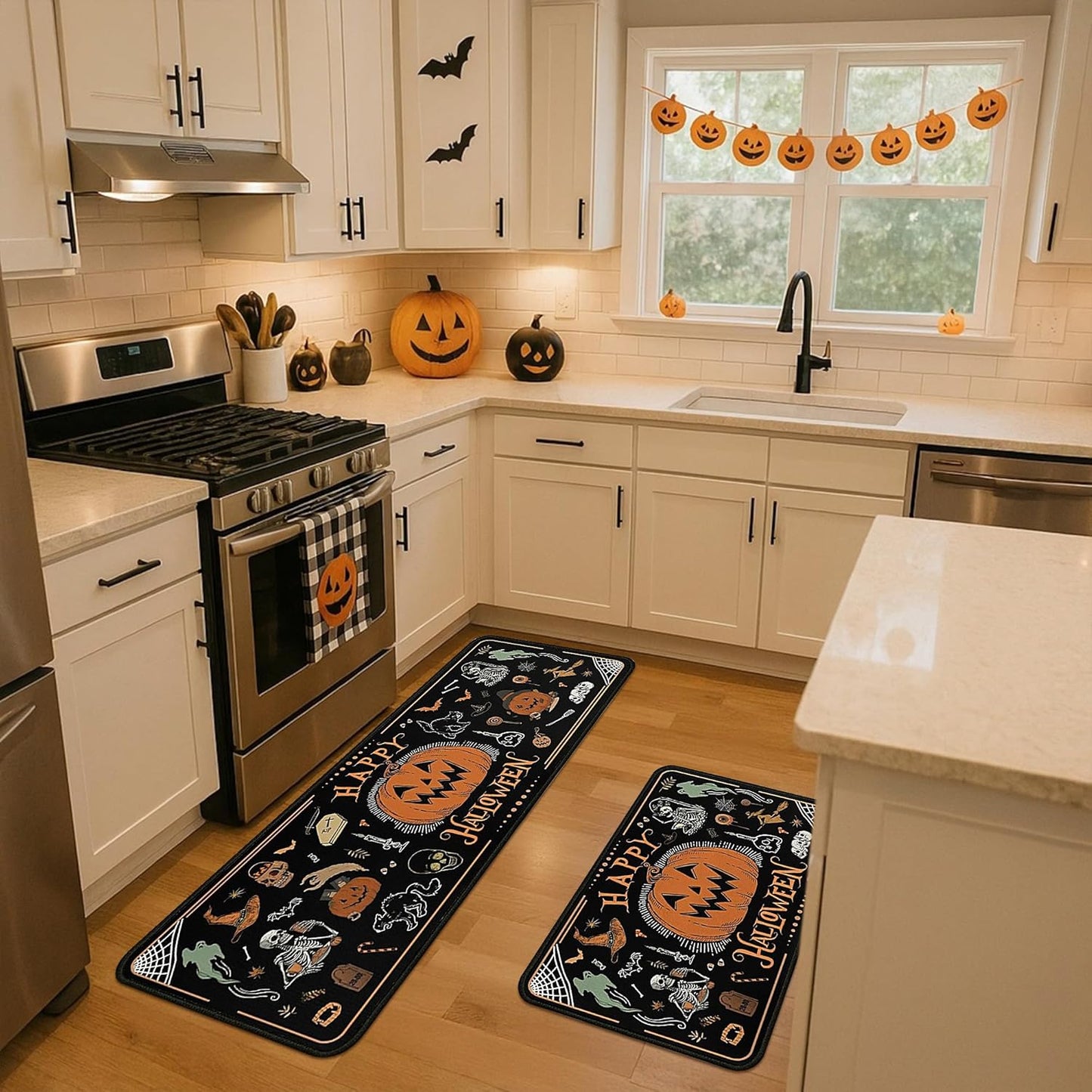 2 Piece Halloween Kitchen Decor Rugs Set,Cute Pumpkin Kitchen Rugs and Mats Non Skid Washable Absorbent Kitchen Accessories Decoration Floor Mats 17"x47"+17"x30"