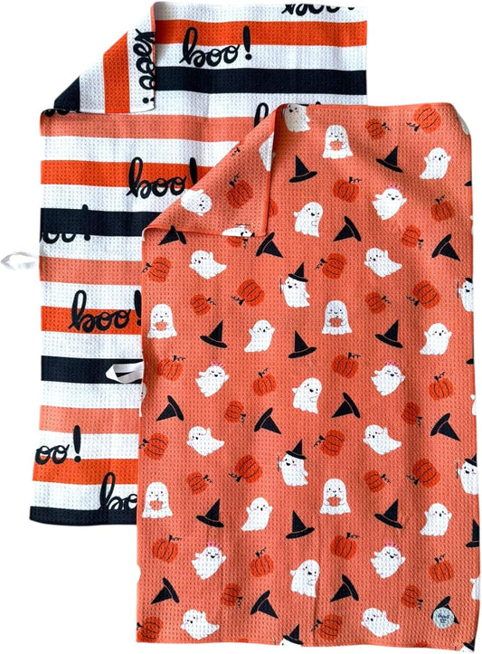 2 Pack || Double Sided|| Not Your Ordinary Kitchen Towels || Dish Towels || Quick Dry || Waffle Weave Microfiber || Designer Prints || Highly Absorbent || Hanging Hook (Halloween Boo)