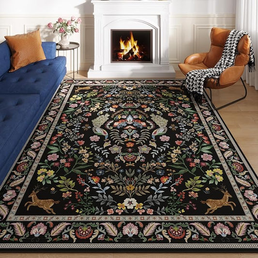 Living Room Rug 5x7 Rug Machine Washable Area Rug Floral Non-Slip Low Pile Large Rugs for Living Room, Bedroom, Farmhouse, Dining Room, Kids Playroom (Vibrant Black)