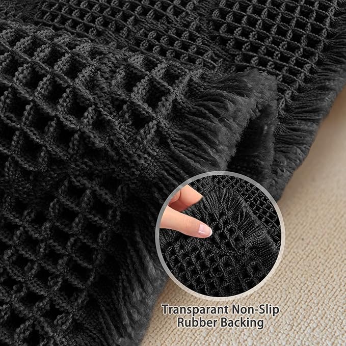 ZALL Black Waffle Bath Mat,Super Absorbent Non Slip Bathroom Rug,Brown 24X72 inch, Geometric Diamond Machine Washable Ultra Soft Floor Mats