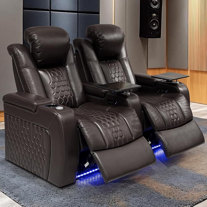 Home Theater Seating, Living Room, Powered Headrest, Powered Lumbar, Italian Leather, Powered Recline, Single Recliner (Coffee Color, Row of 2)