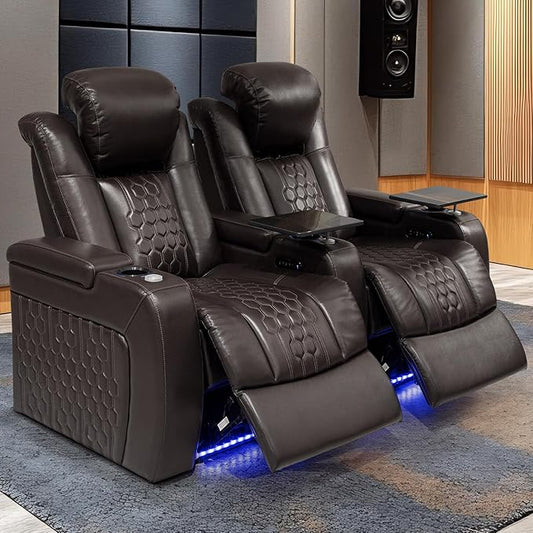 Home Theater Seating, Living Room, Powered Headrest, Powered Lumbar, Italian Leather, Powered Recline, Single Recliner (Coffee Color, Row of 2)