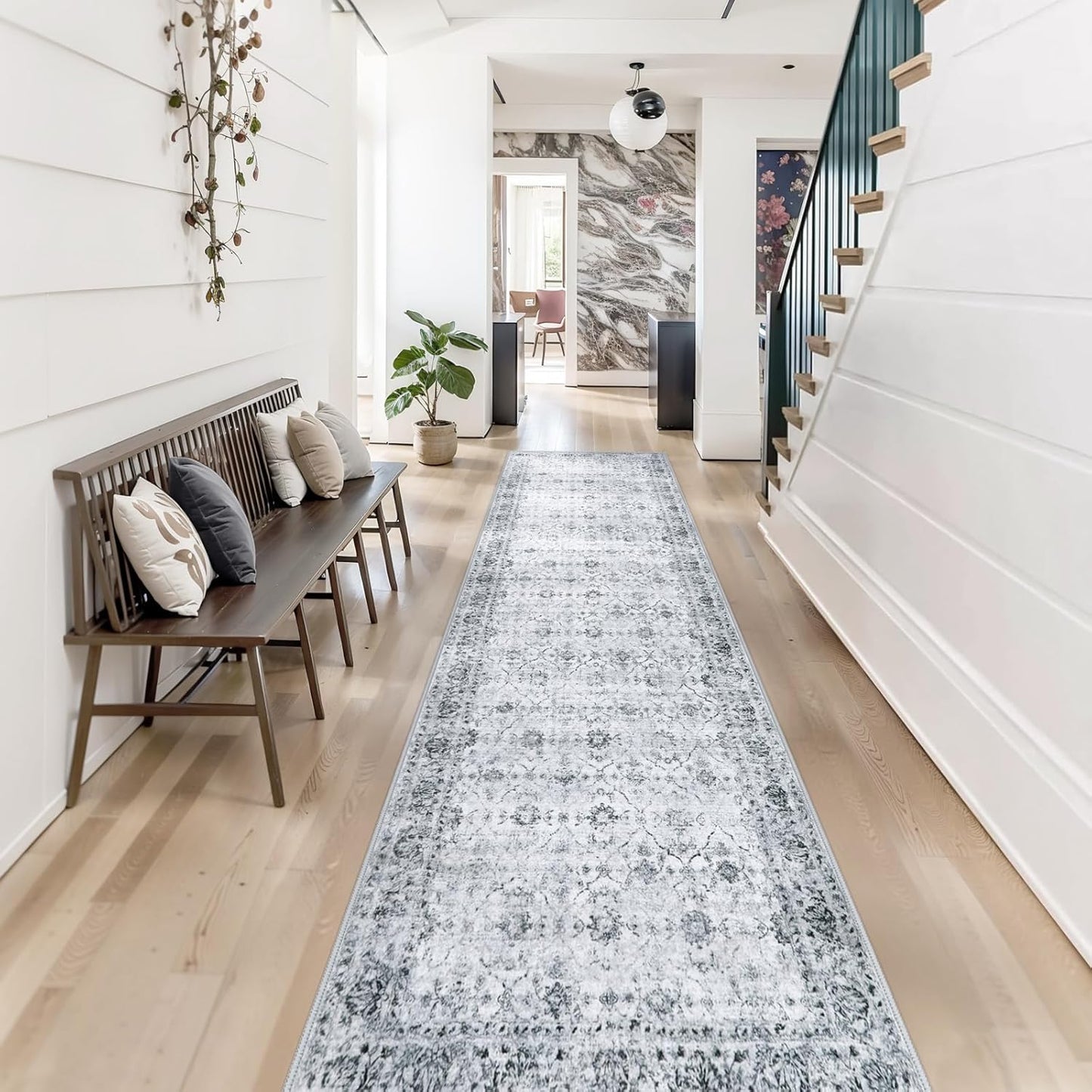 Vintage Machine Washable Runner, 2.6x10 Non Shedding Hallway Rug for Bedroom Bathroom, Ultra-Thin Soft Non Slip Carpet Runners for Entryway Laundry Room (2'6"x10', Grey)