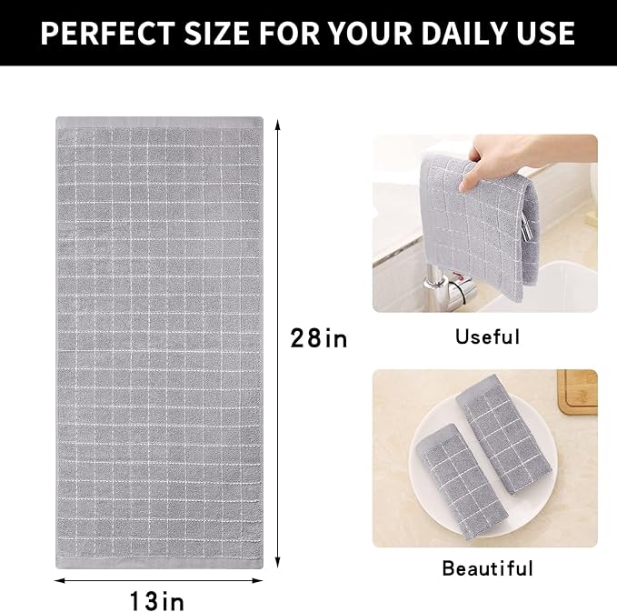 Homaxy 100% Cotton Terry Kitchen Towels(Light Grey, 13 x 28 inches), Checkered Designed, Soft and Super Absorbent Dish Towels, 12 Pack