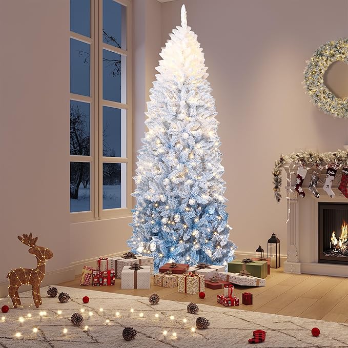 GarveeHome 7.5ft Snow Flocked Pencil Christmas Tree, Slim Artificial Christmas Tree with Sturdy Metal Stand, Skinny Xmas Tree Holiday Decoration for Home, Office, Blue Gradient