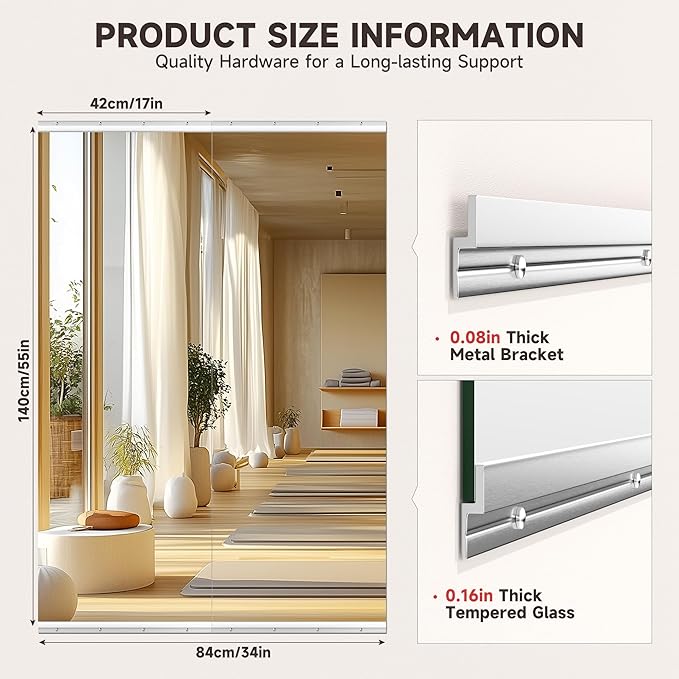 Home Gym Mirror, 55'' x 17'' x 2PCS, Large Full Body Mirror for Yoga, Frameless Tempered Glass, Wall Mounted for Home Gym, Garage, Bedroom, Bathroom