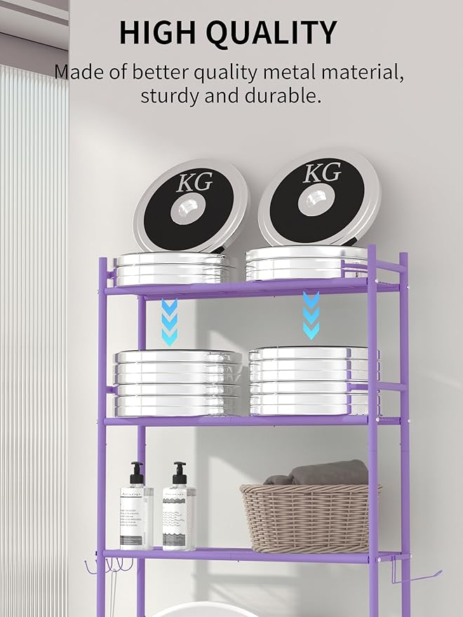 3-Tier Over The Toilet Storage, Space Saver Metal Bathroom Shelves, Freestanding Above Over Toilet Storage Shelf with 4 Hooks for Bathroom, Purple