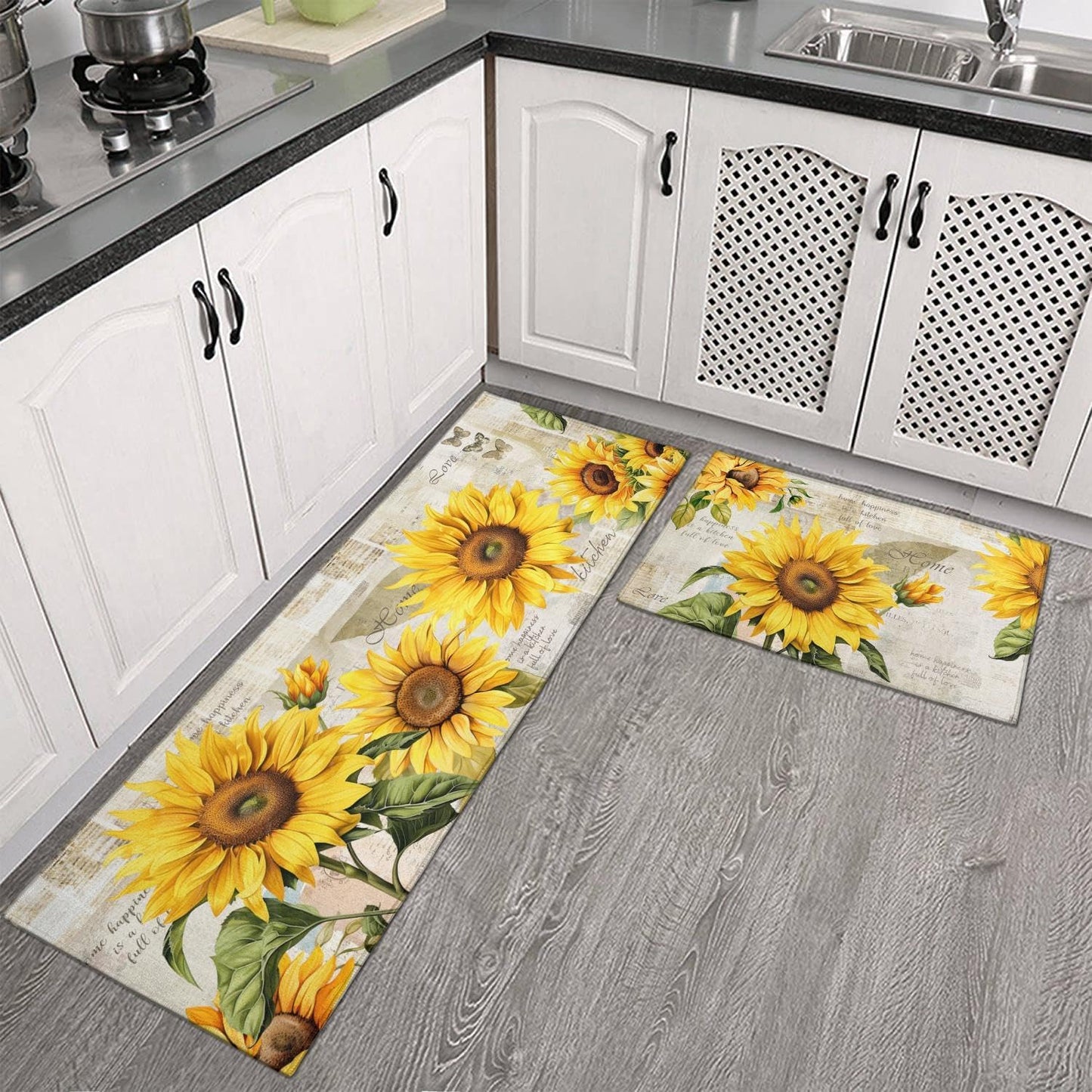 2 Piece Sunflower Kitchen Decor Rugs Set, Farmhouse Country Kitchen Rugs and Mats Non Skid Washable Absorbent Microfiber Kitchen Mats for Floor Mats Accessories Decoration 17"x47"+17"x30"