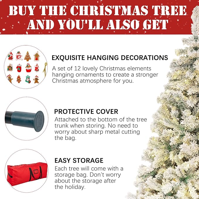 4FT Pre-Lit Snow Flocked Christmas Tree, Small Holiday Xmas Tree with 450 Branch Tips, 150 Warm Lights, Foldable Stand for Party Decoration