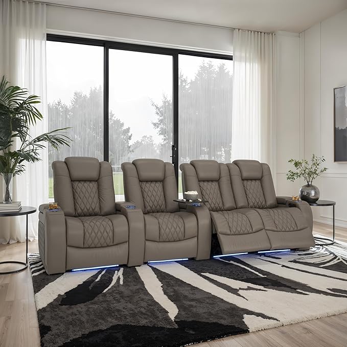 Seatcraft Diamante Zero-Gravity CoolZero Italian Leather Home Theater Seating, Power Headrest, Power Recline, Row of 4 Right Loveseat, Gray