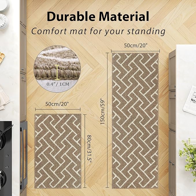hicorfe Kitchen Rugs and Mats Sets,Non-Slip 2 Pieces Absorbent 100% Polypropylene Rug,Comfort Kitchen Runner Mat,Washable for Kitchen,Sink,Laundry(20" x 31.5" Plus 20" x 59",Beige)