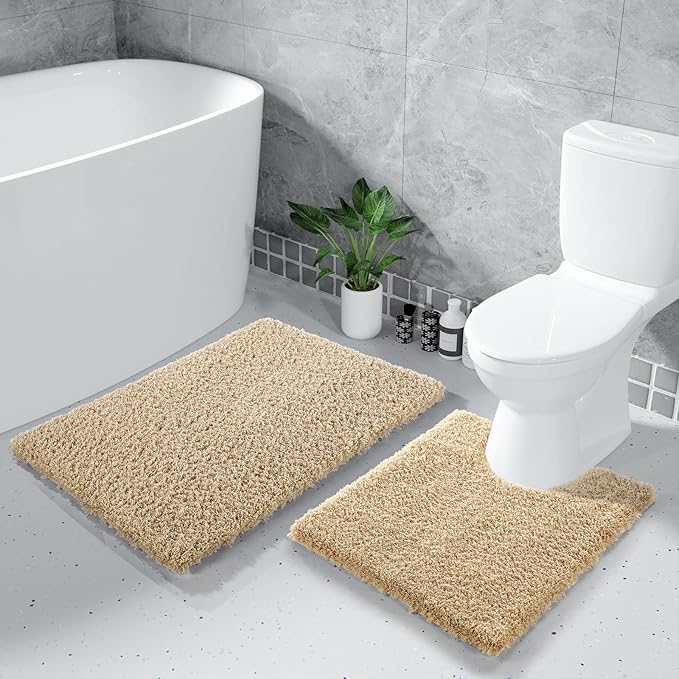 Yimobra U Shaped Toilet Bath Rug, Fluffy Plush, Super Shaggy Soft Non Slip, Water Absorbent Microfiber Bath Mat, Dries Quickly, Machine Washable Thick Bathroom Rugs, 20"x 24", Pure Beige