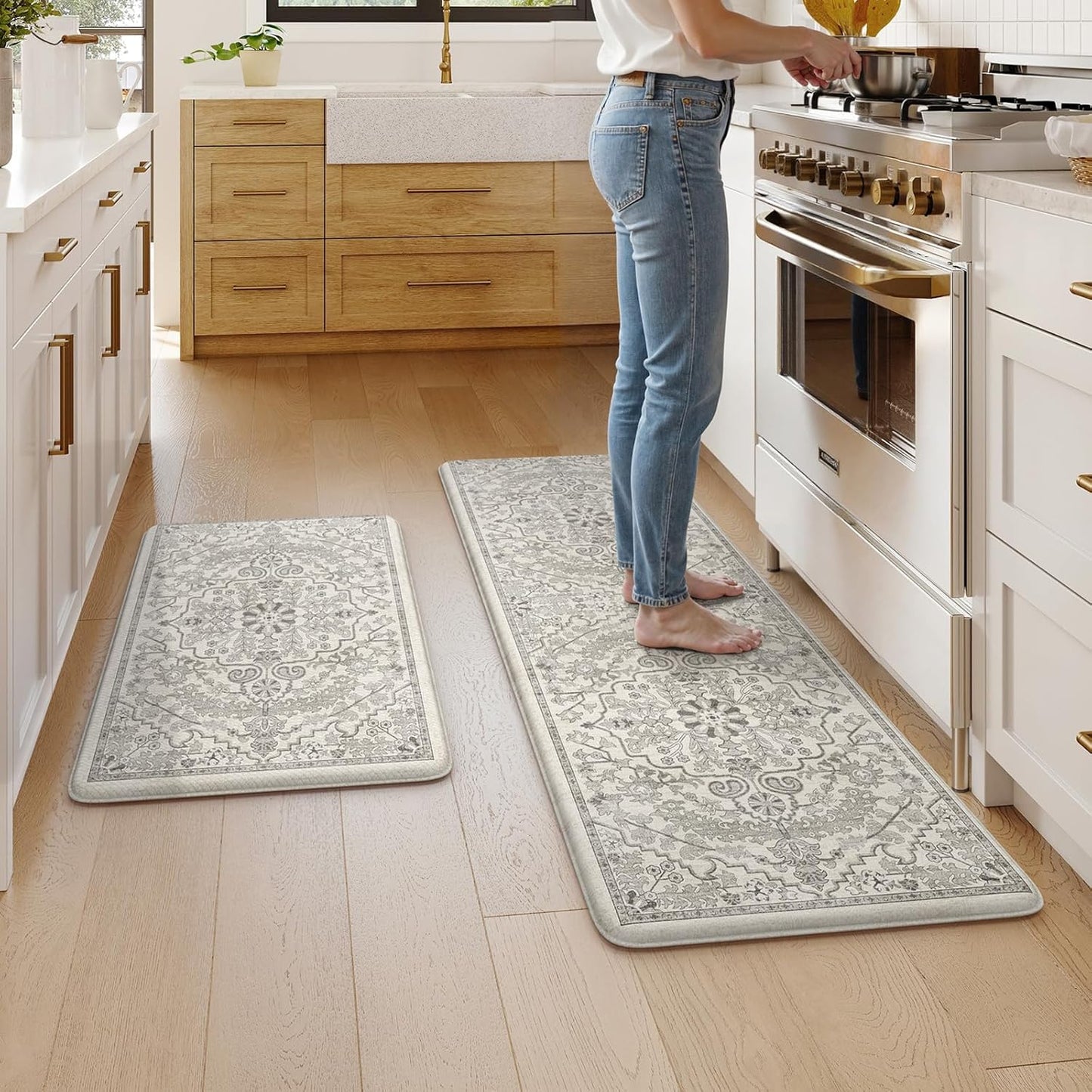 KIMODE Anti Fatigue Kitchen Mats for Floor 2 Piece, Cushioned Boho Distressed Kitchen Rugs, Memory Foam Kitchen Floor Mats, Summer Standing Desk Mats for Laundry Office Sink Grey 20"x59"+20"x32"
