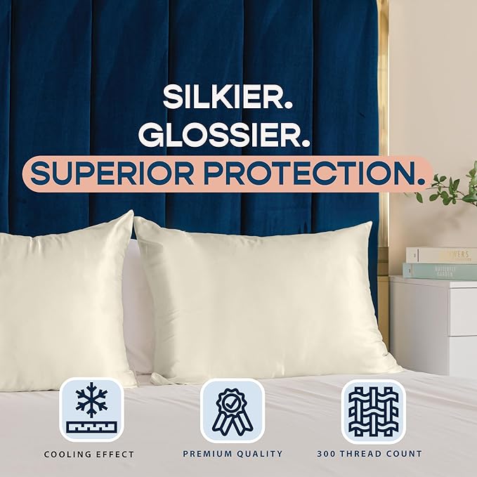 Satin Pillowcase with Zipper, for Hair and Skin Care, Feels Soft and Cool Like a Silk Pillowcase, Satin Pillow Cases 2 Pack, Slik Pillow Cover, Ivory - King Size, Set of 2