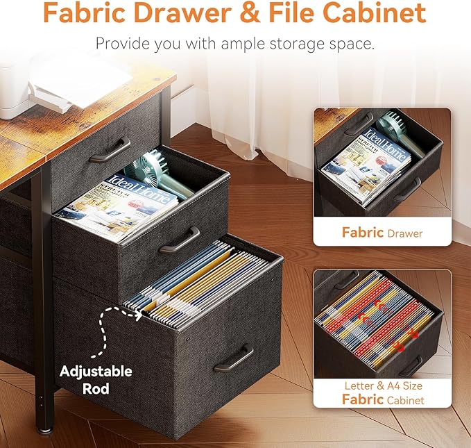Casaottima 40-Inch Small Computer Desk with Fabric Drawers & File Cabinet, Home Office Desk with Cloth Storage Bag and Hook, Writing Study Work Table for Small Space, Vanity Desk for Bedroom, Vintage
