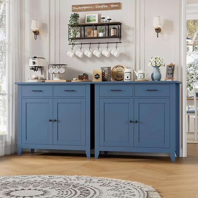 HORSTORS Kitchen Storage Cabinet, Modern Farmhouse Buffet Cabinet with Storage, Coffee Bar with 2 Drawers and 2 Doors, Floor Sideboard Buffet for Living Room, Dining Room, Bathroom, Blue