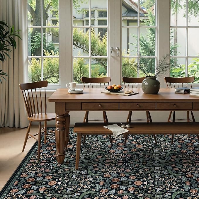 Lahome Floral 9x12 Black Rug for Living Room, Boho Thin Stain Resistant Dining Room Rugs for Under Table, Soft Carpet with Rubber Backing for Guestroom