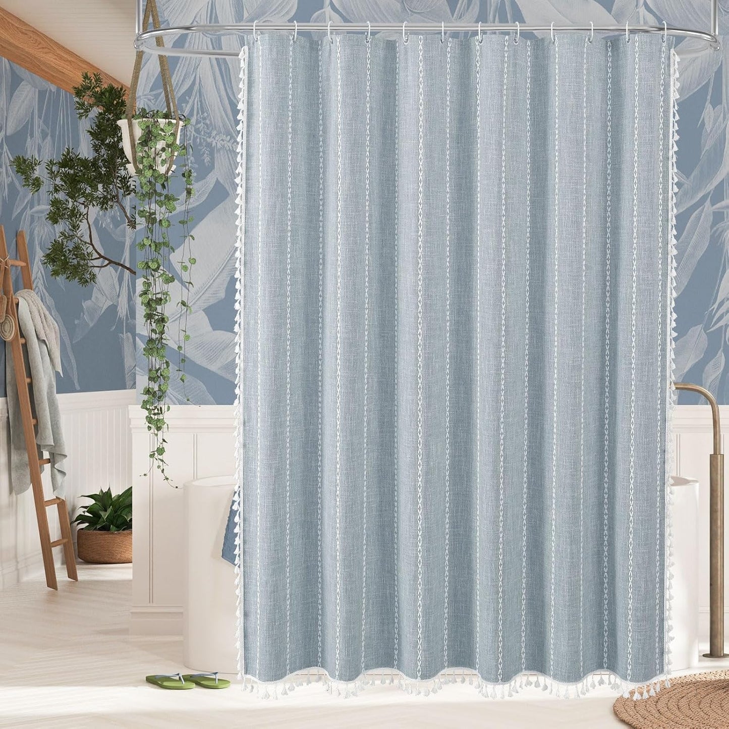 MitoVilla Boho Long Shower Curtain 72 x 78, Blue Farmhouse 78 inch Long Polyester Linen Fabric Shower Curtains with Tassel for Chic Cottagecore French Rustic Bathroom Decor