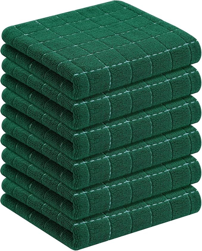 Homaxy 100% Cotton Terry Kitchen Towels(Dark Green, 13 x 28 inches), Checkered Designed, Soft and Super Absorbent Dish Towels, 6 Pack
