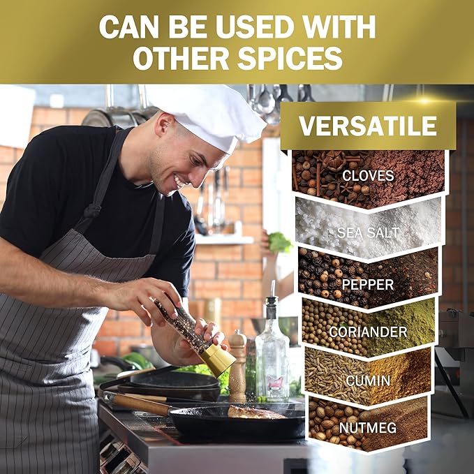 Home EC Original Gold Salt and Pepper Grinder Set of 2 - Adjustable Ceramic Grinder - Tall Glass Salt and Pepper Shakers With Funnel and Ebook - Kitchen Spice Mill - Gold Kitchen Accessories