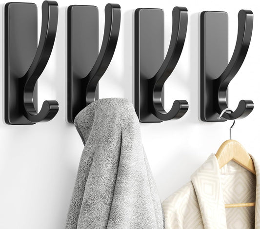 Adhesive Wall Hooks for Towels Coats - Stick On Hooks Hanging Heavy Duty (13lb), Metal Hook for Door, Bathroom, Dorm, Closet - Hanger for Purse, Bag, Robe,Backpack - No Damage to Wall - Black 4 Pack