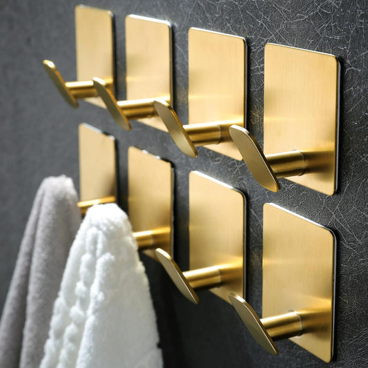 DELITON 8 Pack Gold Wall Hooks - Adhesive Towel Hooks for Bathrooms Kitchen Livingroom Garage, Heavy Duty Hook for Walls, No Damage, Stainless Steel