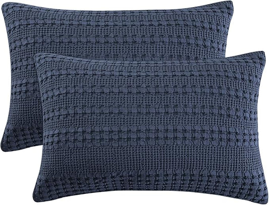 PHF 100% Cotton Waffle Pillow Shams Queen Size, 2 Pack 20" x 30" Soft Skin-Friendly Pillowcases, No Filling, Aesthetic Woven and Breathable Waffle Weave Pillow Case Covers for Bed, Dark Navy