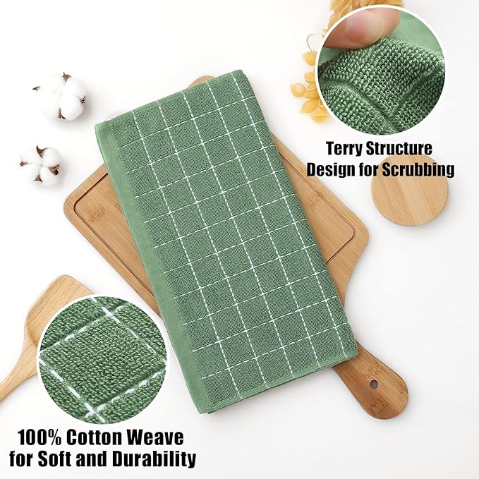 Homaxy 100% Cotton Terry Kitchen Dish Cloths, Ultra Soft and Absorbent Dish Towels for Kitchen, Suitable for Drying and Washing Dishes, 8 Pack, 12 x 12 Inches, Grass Green