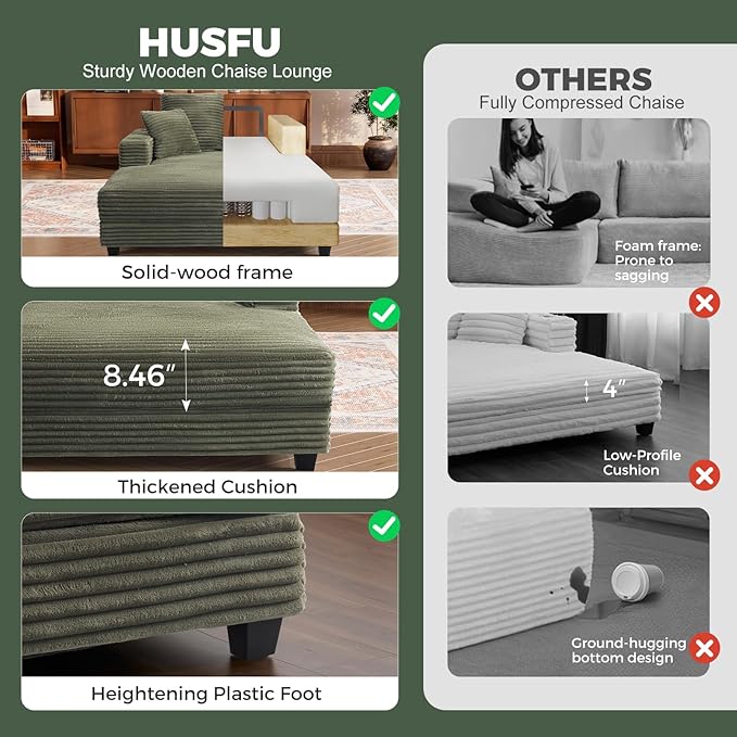 HUSFU Chaise Lounge Chair Indoor, 60'' Oversized Sleeper Sofa, Chaise Lounge Reading Chairs for w/Cup Holder and USB&Type C Port, Fluffy Plush Cloud Sofas Couches for Living Room,Set of 2,Green