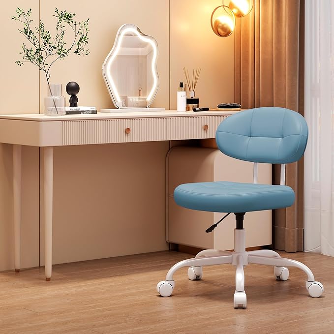 Misolant Vanity Chair with Back, Small Armless Cute Office Chair with Wheels and Lumbar Support, Comfy PU Leather Desk Computer Chairs with Adjustable Height, 360°Swivel for Home Bedroom Office, Blue