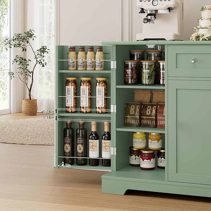 HITHOS 54" Buffet Cabinet with Storage, Modern Kitchen Buffet Sideboard with Drawer, Wood Coffee Bar Station with Adjustable Shelves, Kitchen Storage Cabinet for Living Room, Green