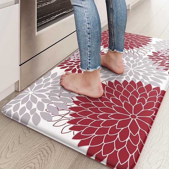KIMODE Anti Fatigue Kitchen Mat 17.3"x29", Farmhouse Padded Kitchen Floor Mats Non Slip, Waterproof Kitchen Mat for Floor, Comfort Standing Mat for Laundry, Office, Sink, Desk Red and Grey