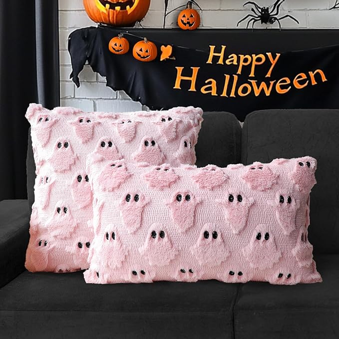 4TH Emotion Halloween Ghost Decorative Pillow Covers 20x20 Set of 2, Pink Soft Plush Faux Fur Farmhouse Throw Cushion Cases for Fall Autumn Holiday Home Decorations