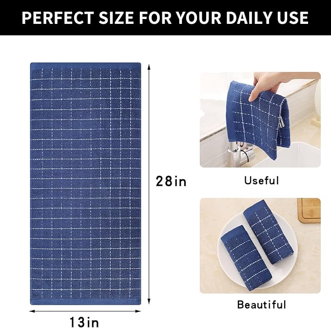 Homaxy 100% Cotton Terry Kitchen Towels(Navy Blue, 13 x 28 inches), Checkered Designed, Soft and Super Absorbent Dish Towels, 8 Pack