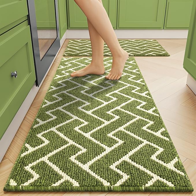 hicorfe Kitchen Rugs and Mats Sets,2 Pieces Super Absorbent Polypropylene Non-Slip Rug,Soft Comfort Floor Mat,Washable for Kitchen,Hallway,Office,Sink,Laundry(24" x 35" Plus 24" x 79",Sage Green
