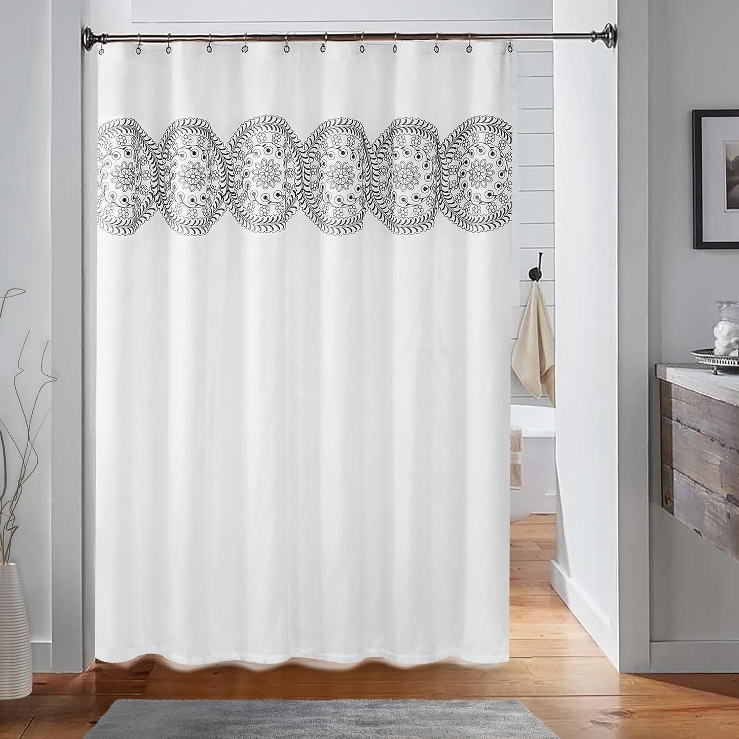 Jubilantex White Embroidered Shower Curtain for Bathroom, Black and White Boho Farmhouse Floral Decorative Waterproof Rustic Style Water Resistant Bath Room Curtain Fabric for Spa Hotel, 70x72 Inches