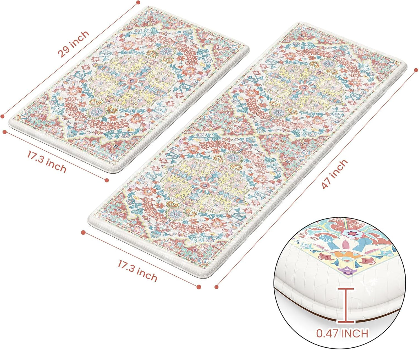 KIMODE Kitchen Mats for Floor, 17"x47"+17"x29" Boho Vintage Kitchen Rugs 2 PCS, Cushioned Anti Fatigue Mats for Kitchen Floor, Non-Slip Kitchen Floor Mats, Sink, Laundry, Office, Desk Pink