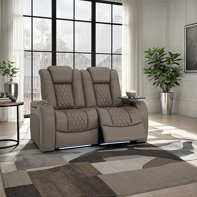 Seatcraft Diamante Zero-Gravity CoolZero Italian Leather Home Theater Seating, Power Headrest, Power Recline, Row of 2 Loveseat, Gray