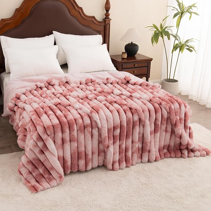 Throw Blanket for Couch - 108" x 90" Faux Rabbit Fur Throw Blanket Cozy Soft Warm Blankets for Bed Sofa Bedroom Living Room Fluffy Striped Blankets for Fall Winter, Home Decor, Pink