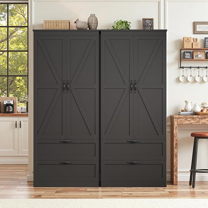 HOSTACK 70" Tall Kitchen Pantry Storage, Barn Doors Pantry Cabinet with Drawers and Adjustable Shelf, Modern Farmhouse Storage Cabinet for Kitchen, Dining Room, Living Room, Bathroom, Black