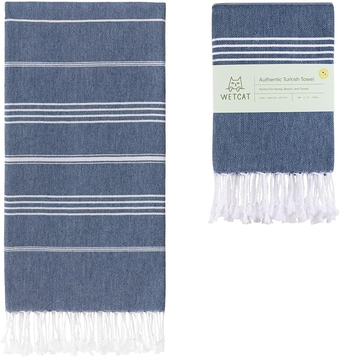 WETCAT Turkish Beach Towel Oversized (38"x71") 100% Turkish Cotton, Made in Turkey - Sand Free, Extra Large, Ultra Soft, Quick Drying, Compact & Lightweight for Travel - Dark Blue