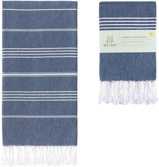 WETCAT Turkish Beach Towel Oversized (38"x71") 100% Turkish Cotton, Made in Turkey - Sand Free, Extra Large, Ultra Soft, Quick Drying, Compact & Lightweight for Travel - Dark Blue
